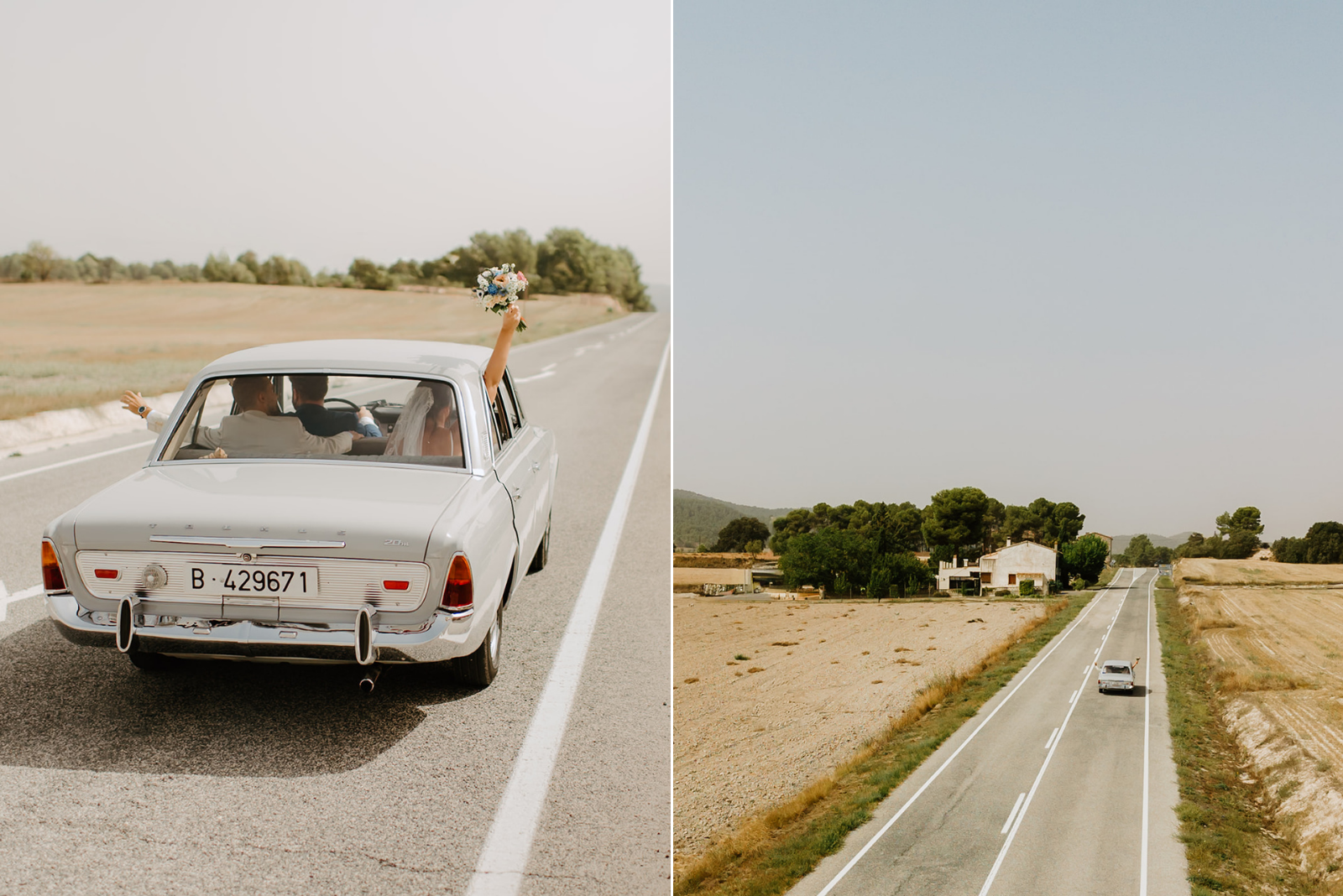 Castell de Barxell Wedding | A Romantic Spanish Countryside Celebration with Zuzanna + Raul – Drone shot of the vintage car driving through winding Spanish roads.
