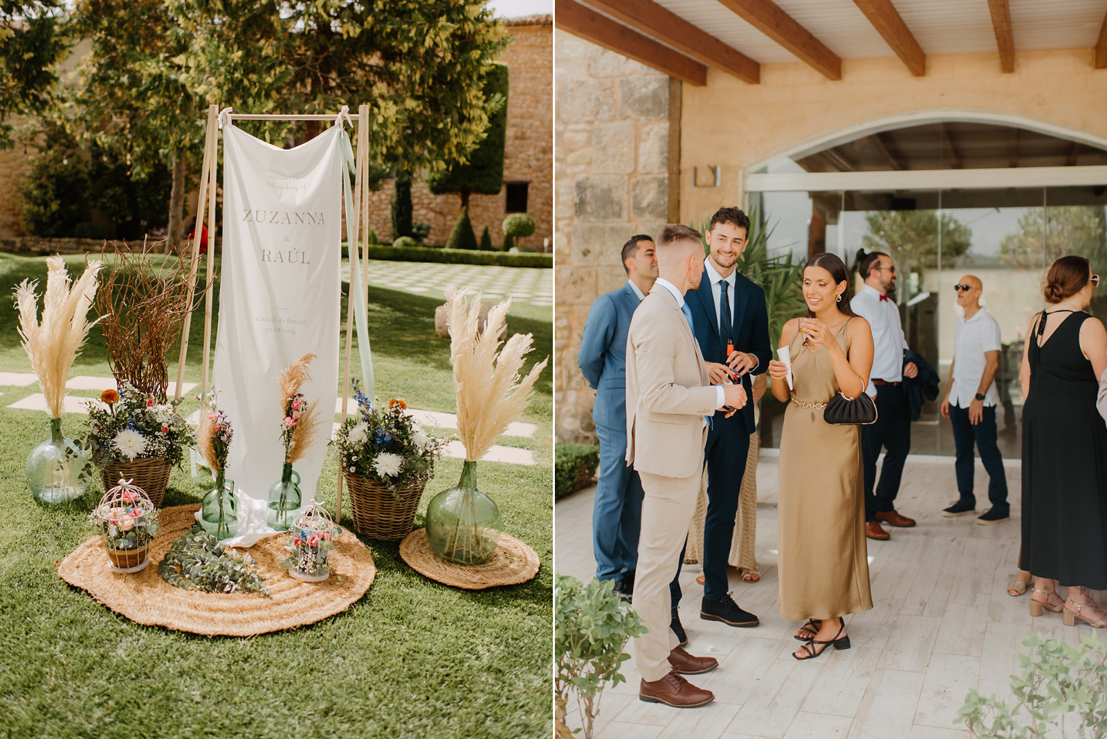 Castell de Barxell Wedding | A Romantic Spanish Countryside Celebration with Zuzanna + Raul – Elegant floral arrangements flanking the entrance of the castle.