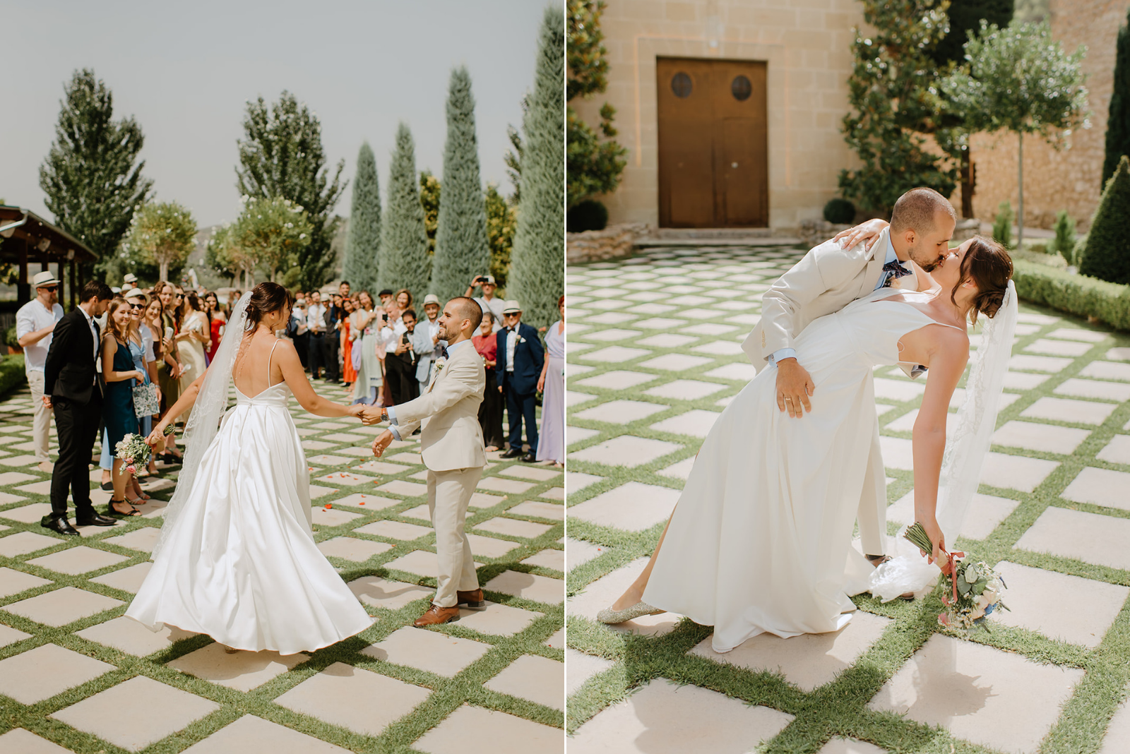 Castell de Barxell Wedding | A Romantic Spanish Countryside Celebration with Zuzanna + Raul – The couple laughing during their grand exit from the ceremony.
