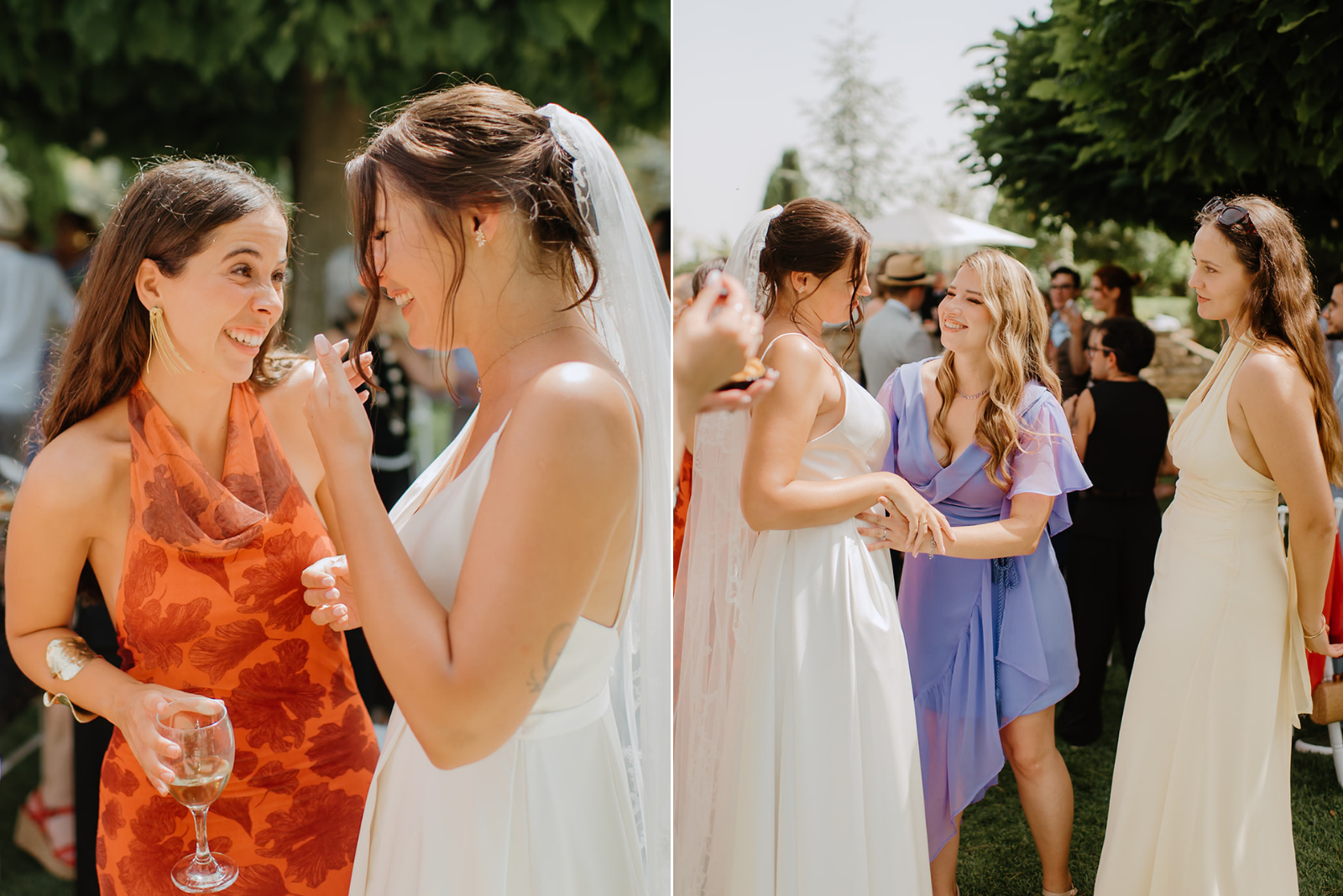 Castell de Barxell Wedding | A Romantic Spanish Countryside Celebration with Zuzanna + Raul – Guests mingling in the sun-drenched courtyard of Castell de Barxell.