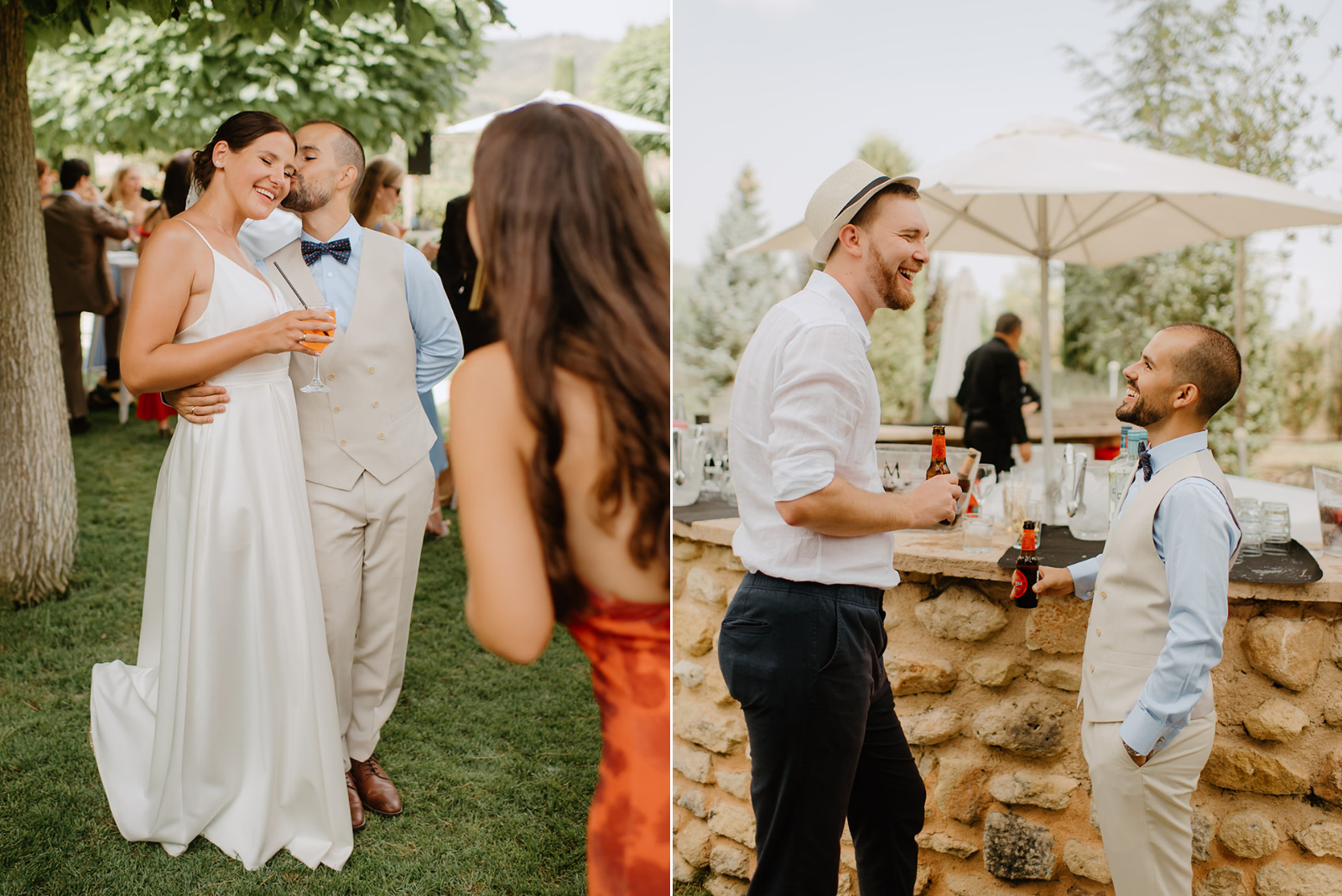 Castell de Barxell Wedding | A Romantic Spanish Countryside Celebration with Zuzanna + Raul – Guests mingling in the sun-drenched courtyard of Castell de Barxell.