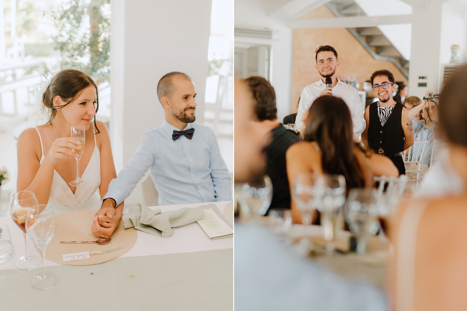 Castell de Barxell Wedding | A Romantic Spanish Countryside Celebration with Zuzanna + Raul – Candid shot of the couple smiling during the dinner speeches.