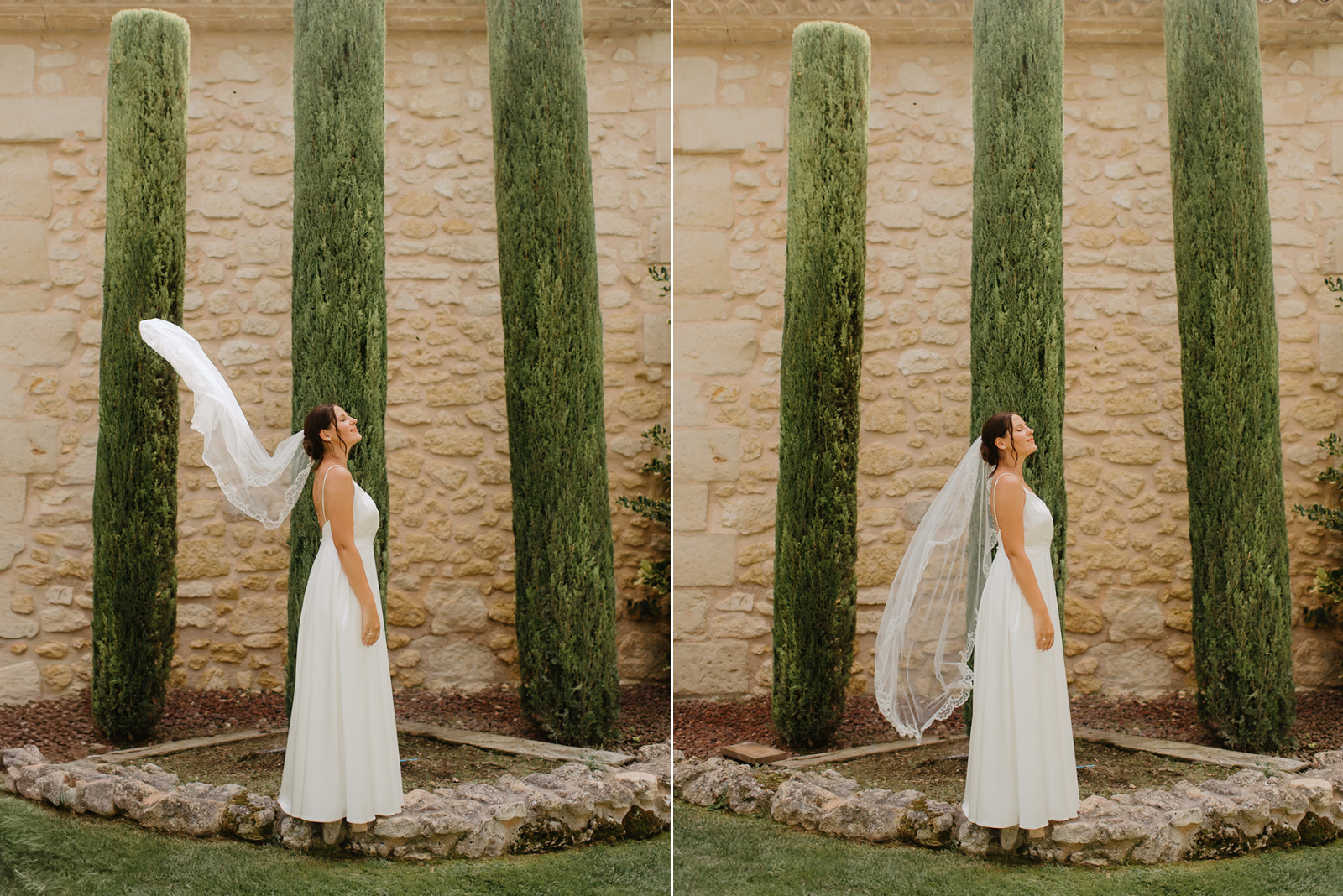 Castell de Barxell Wedding | A Romantic Spanish Countryside Celebration with Zuzanna + Raul – Zuzanna’s dress flowing as she walks through the tall grass.