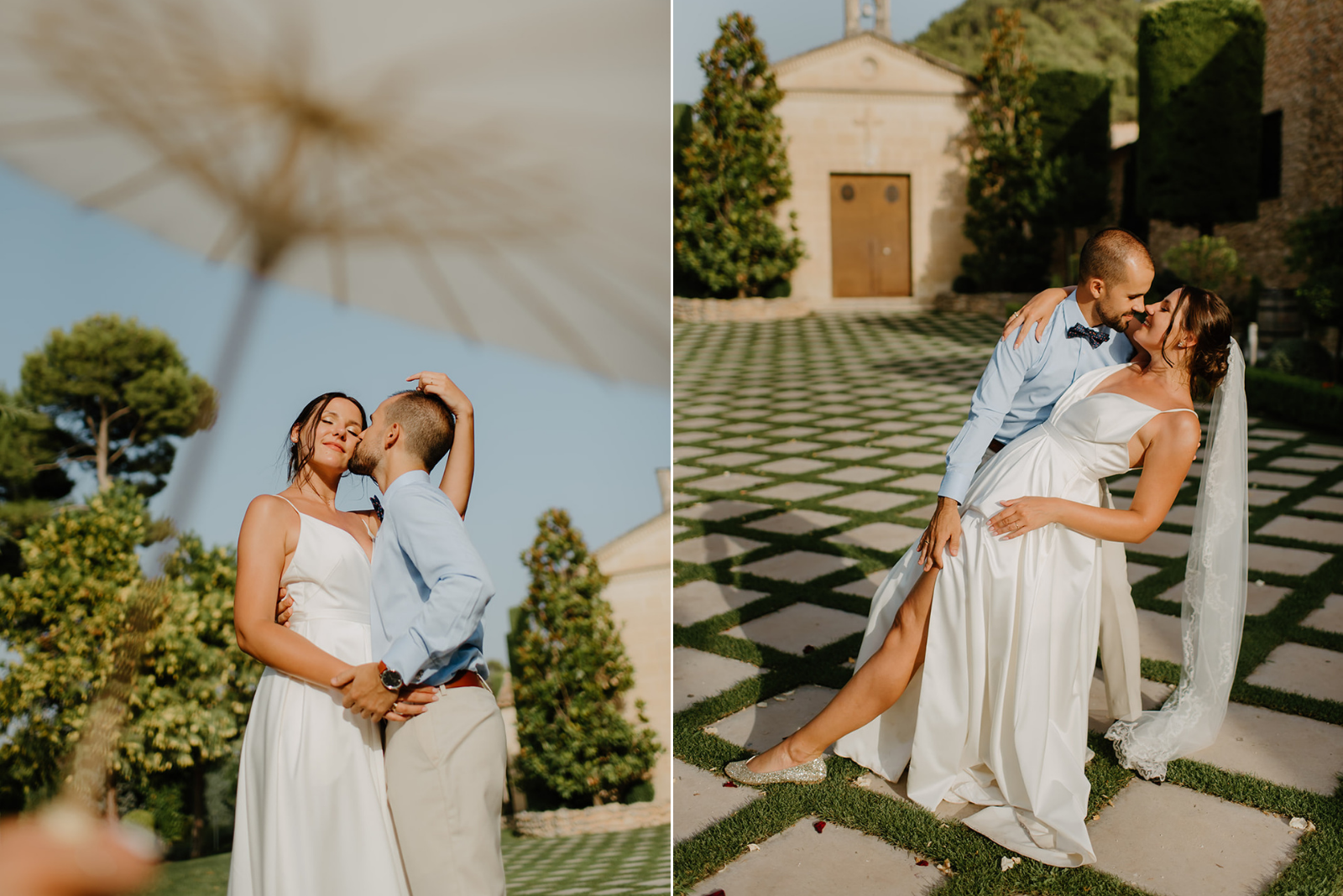 Castell de Barxell Wedding | A Romantic Spanish Countryside Celebration with Zuzanna + Raul – Golden hour light flaring behind the couple during their portraits.