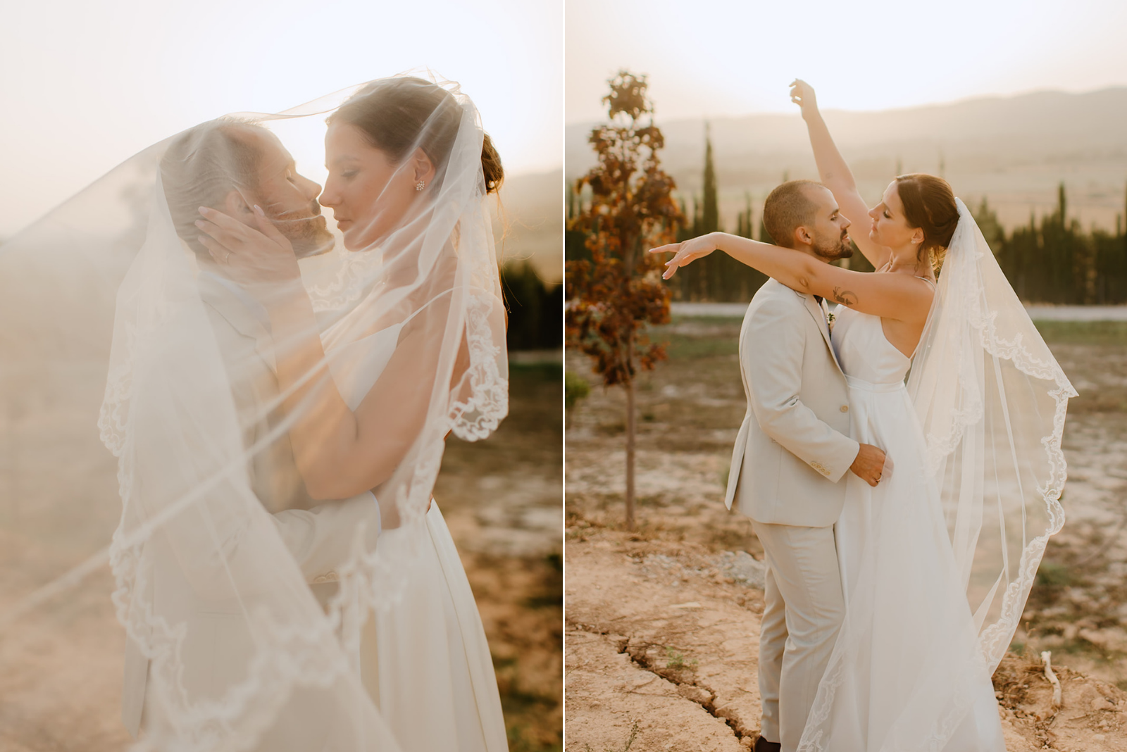 Castell de Barxell Wedding | A Romantic Spanish Countryside Celebration with Zuzanna + Raul – Golden hour light flaring behind the couple during their portraits.