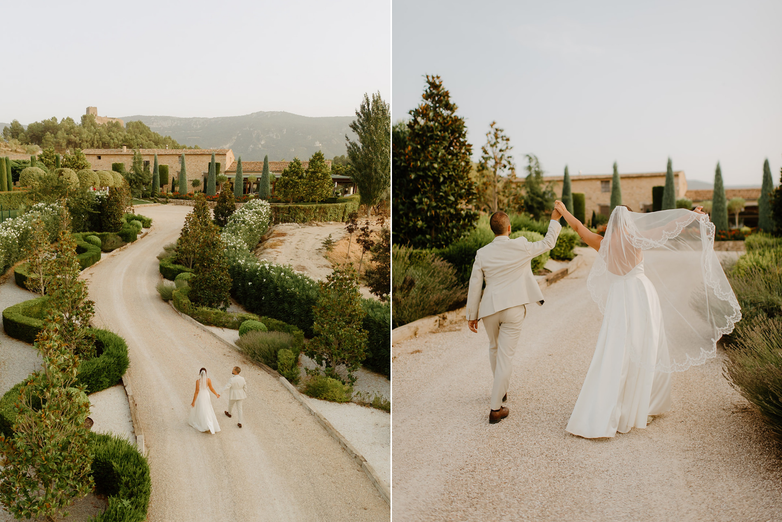 Castell de Barxell Wedding | A Romantic Spanish Countryside Celebration with Zuzanna + Raul – The couple walking hand-in-hand through an olive grove.