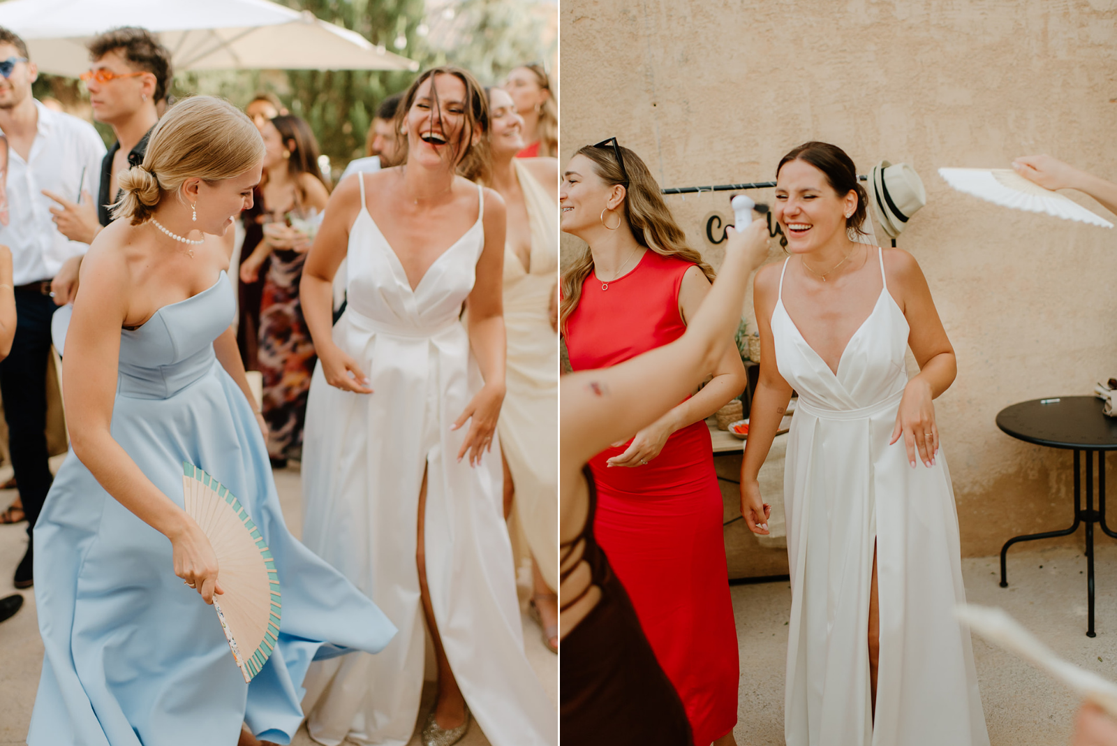 Castell de Barxell Wedding | A Romantic Spanish Countryside Celebration with Zuzanna + Raul – Guests mingling in the sun-drenched courtyard of Castell de Barxell.