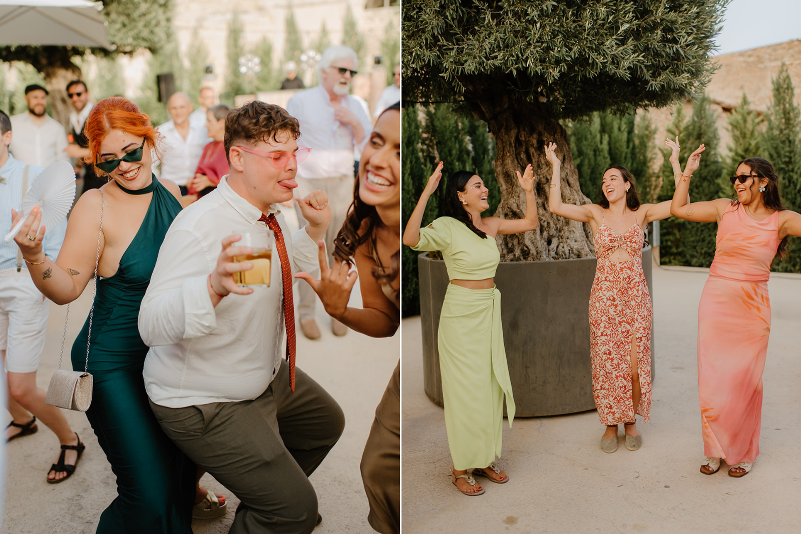 Castell de Barxell Wedding | A Romantic Spanish Countryside Celebration with Zuzanna + Raul – Guests mingling in the sun-drenched courtyard of Castell de Barxell.