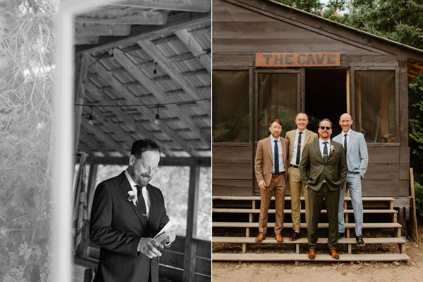 Camp Eden Woods Wedding in Ontario | Amy + Rory – A classic portrait of the groom and his wedding party posing on the steps of "The Cave" cabin in the woods.