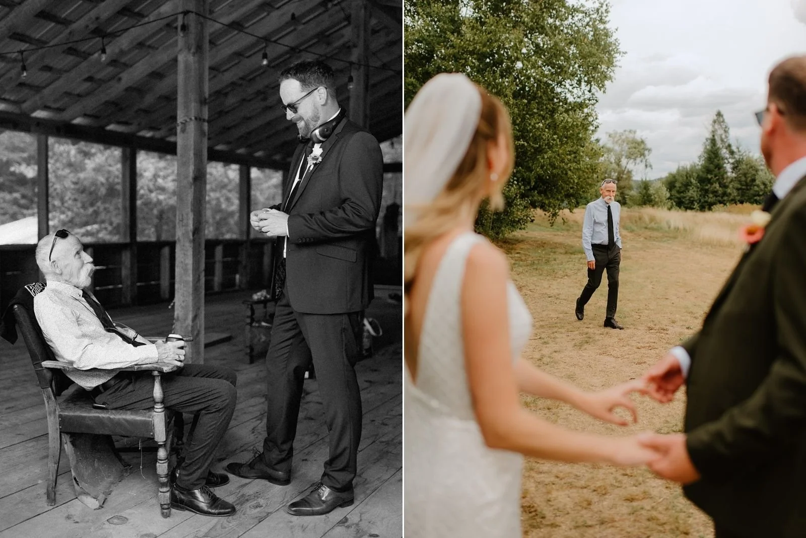 Camp Eden Woods Wedding in Ontario | Amy + Rory – Candid moments of the groom and an elder guest sharing a laugh inside a rustic pavilion, and a blurred first look on a grassy field.