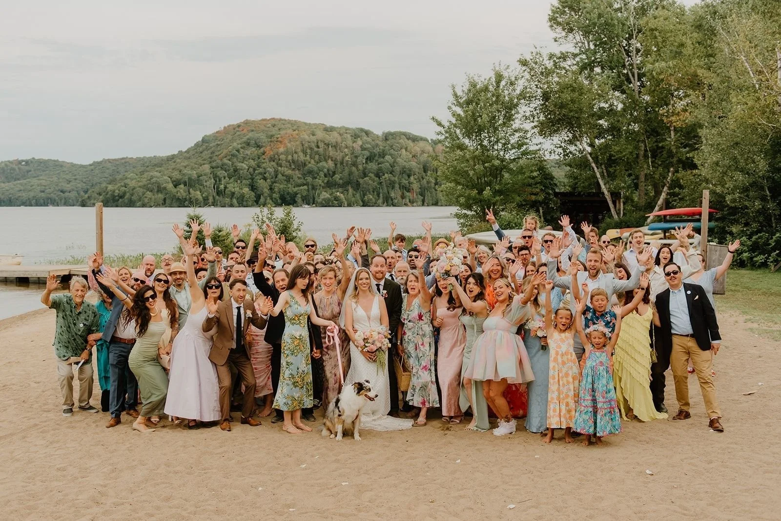 Camp Eden Woods Wedding in Ontario | Amy + Rory – A beautiful, candid group photo of everyone at the end of the wedding night.