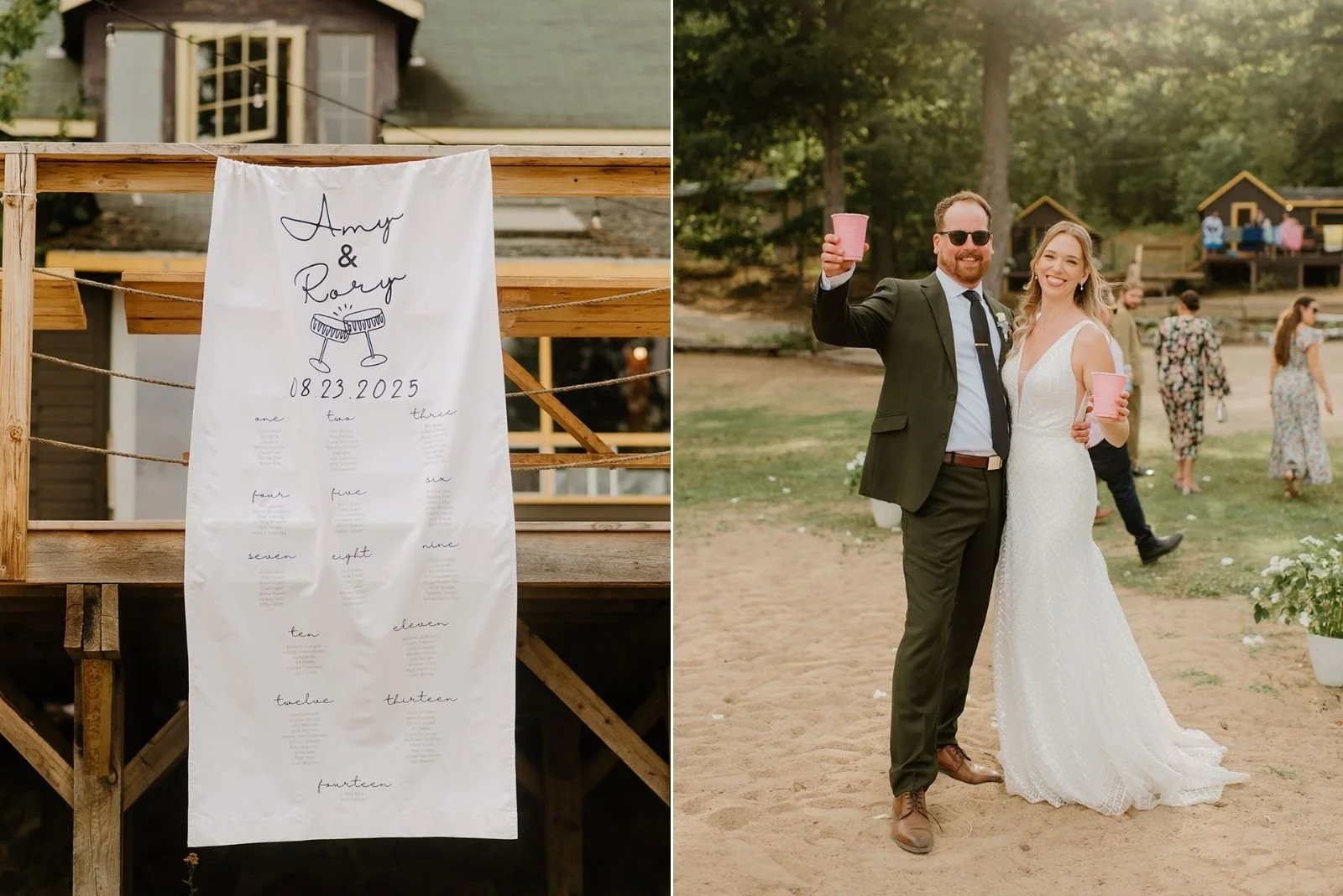 Camp Eden Woods Wedding in Ontario | Amy + Rory – A custom fabric wedding seating chart hanging on a wooden deck next to a portrait of the couple.