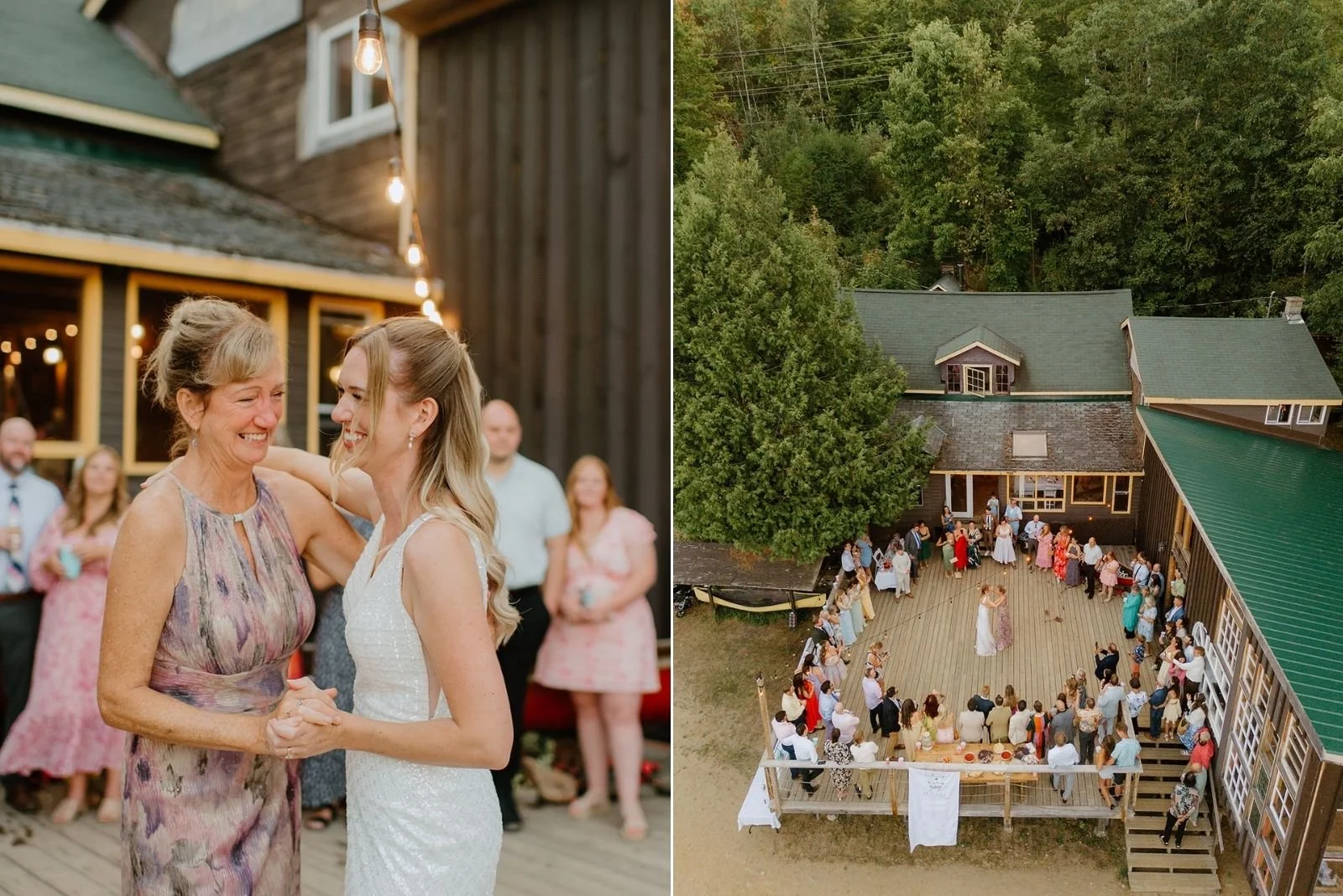 Camp Eden Woods Wedding in Ontario | Amy + Rory – An aerial drone view of the outdoor dance floor and Amy sharing a dance with her mom.