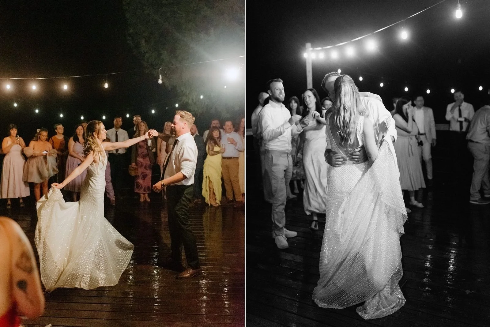 Camp Eden Woods Wedding in Ontario | Amy + Rory – Amy and Rory dancing during the magical blue-hour glow on the outdoor deck.