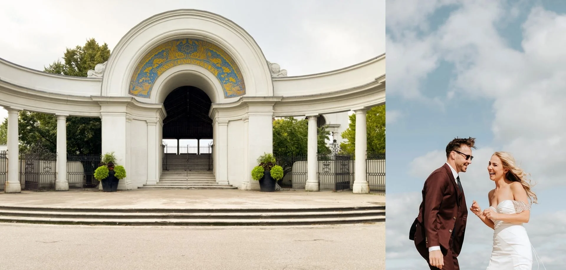 A laughing couple walks under a blue sky next to the Sunnyside Pavilion wedding venue in Toronto, Ontario.