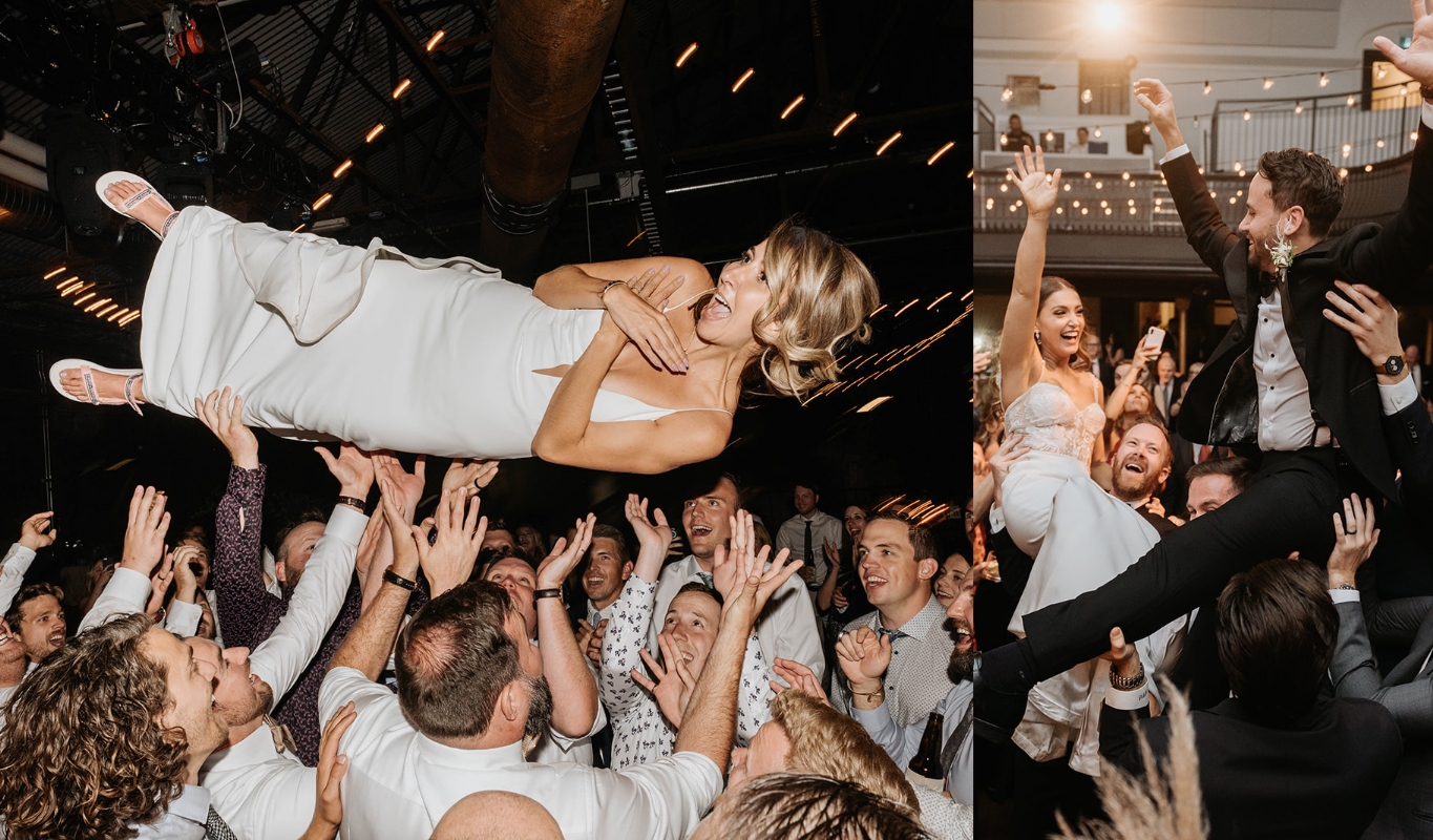 Guests lifting the bride in the air during a wedding reception for crowd surfing fun.