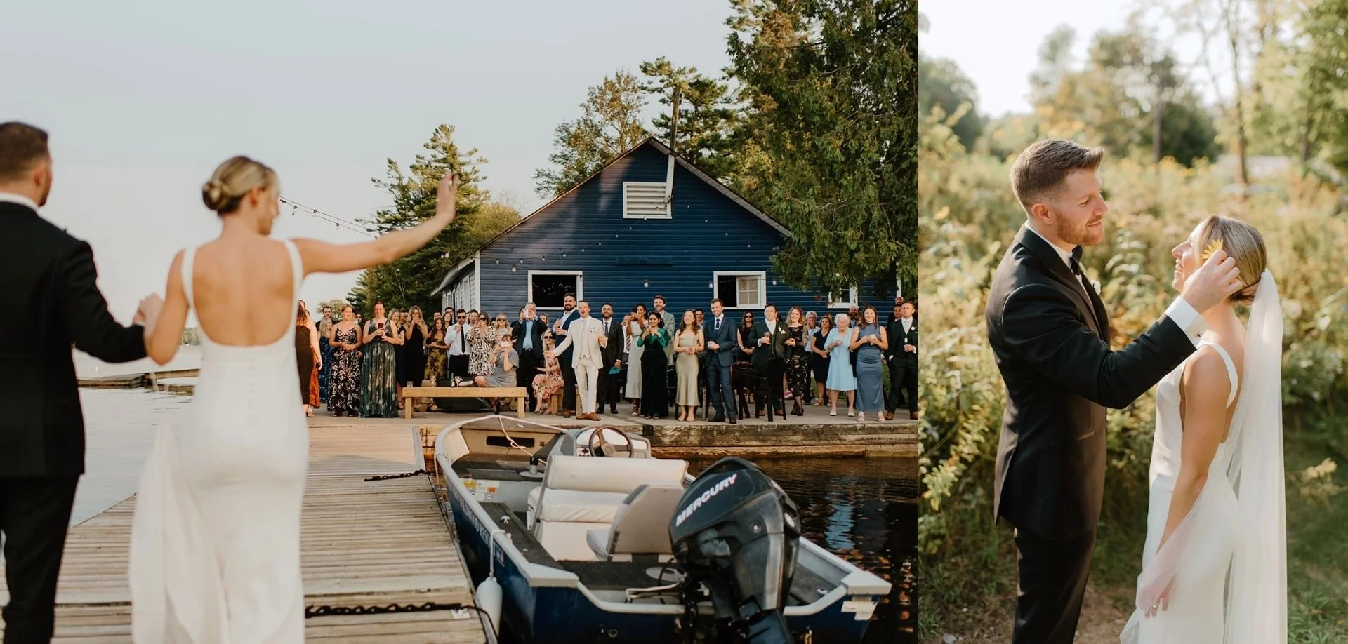 A bride and groom arrive by boat to their lakeside wedding at Bayview Wildwood Resort in Severn Bridge, Ontario.