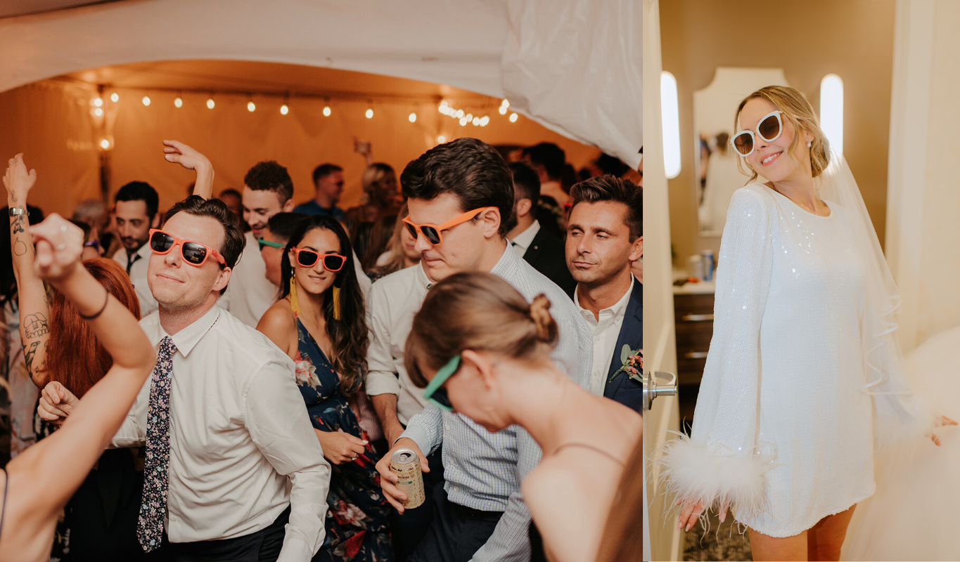 Wedding guests wearing fun and colorful party sunglasses while dancing.