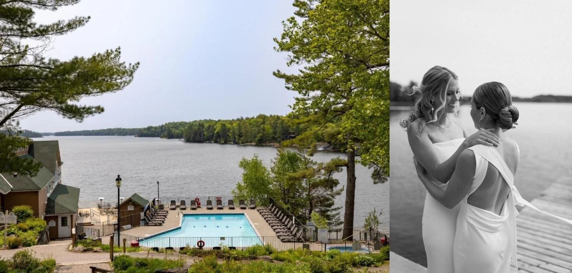 A bride and groom embrace on a dock overlooking the lake at Rocky Crest Resort in MacTier, Ontario.