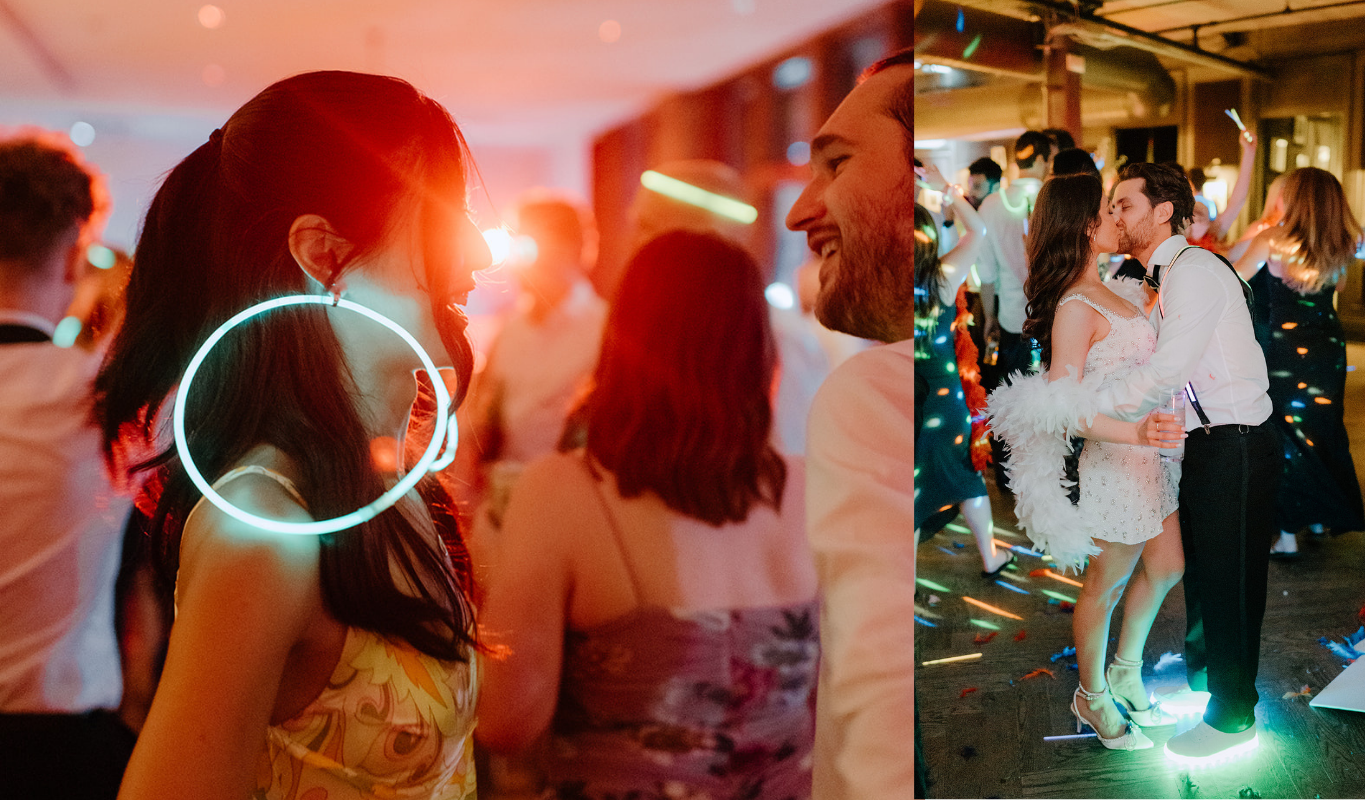 Wedding guests dancing under colorful lights with glow sticks during a mini rave.