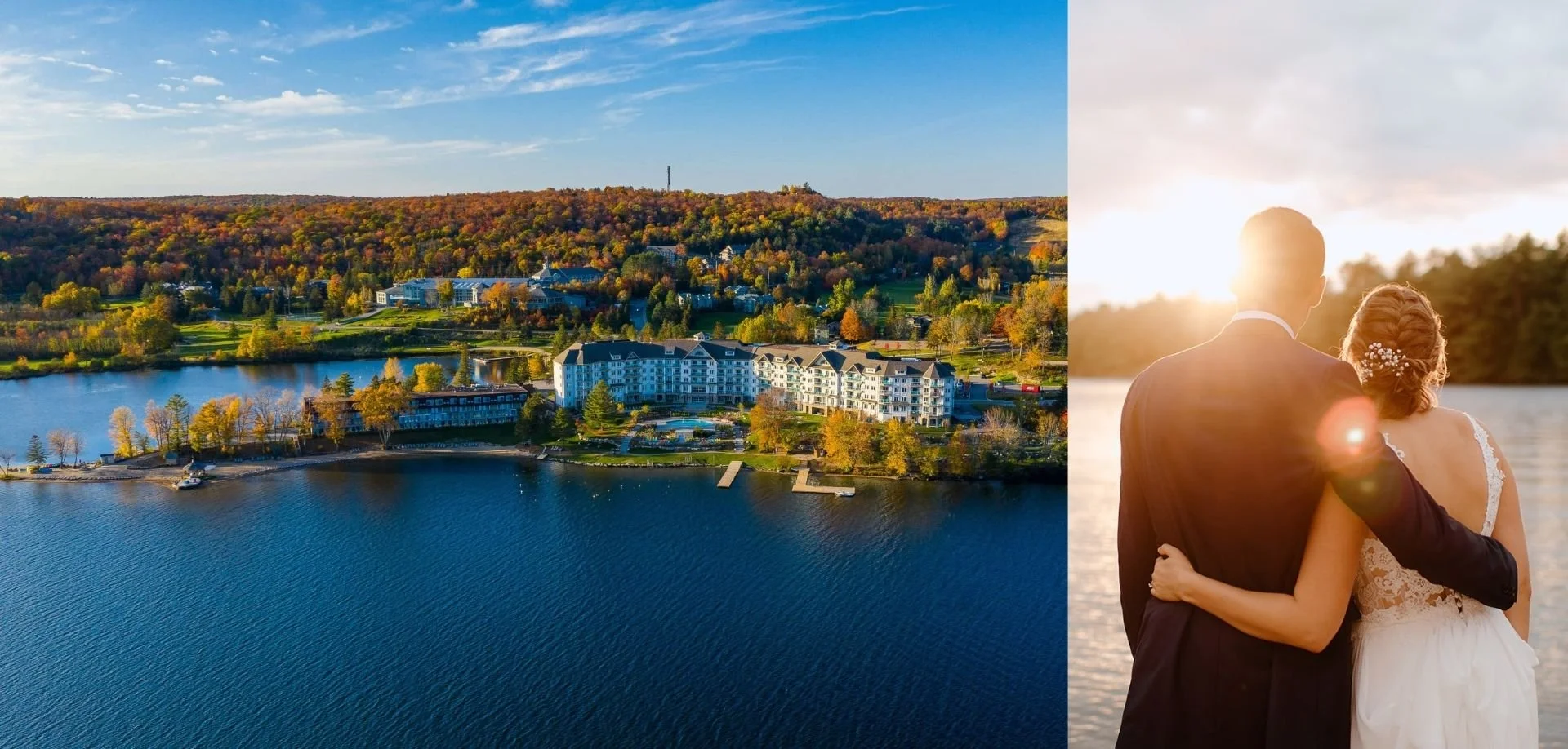 A wedding couple looks out at a sunset over the water at Deerhurst Resort in Huntsville, Ontario.