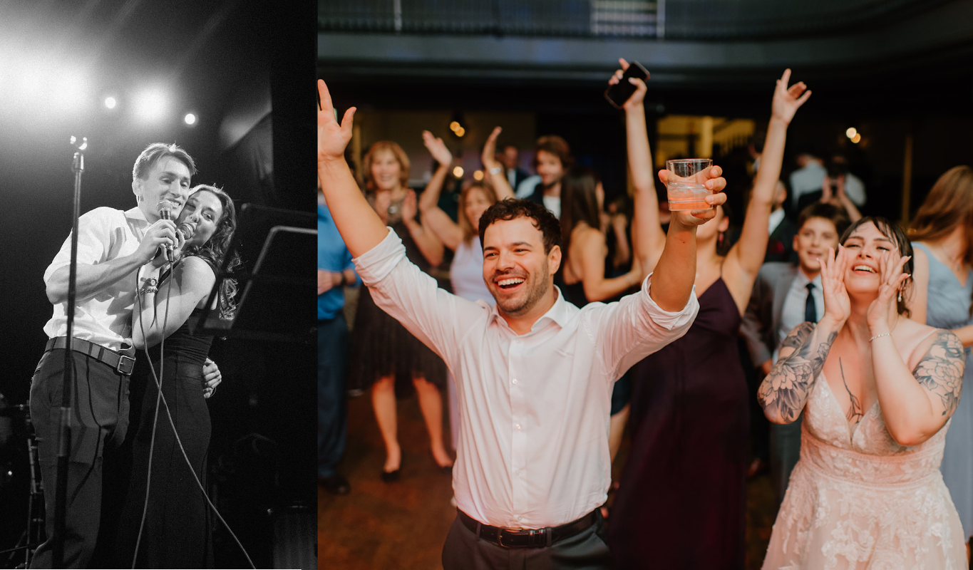 Couple singing karaoke and enjoying a playful performance during a wedding reception.
