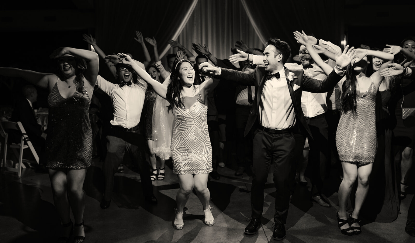 Guests break into a choreographed dance mob unexpectedly during a wedding reception.