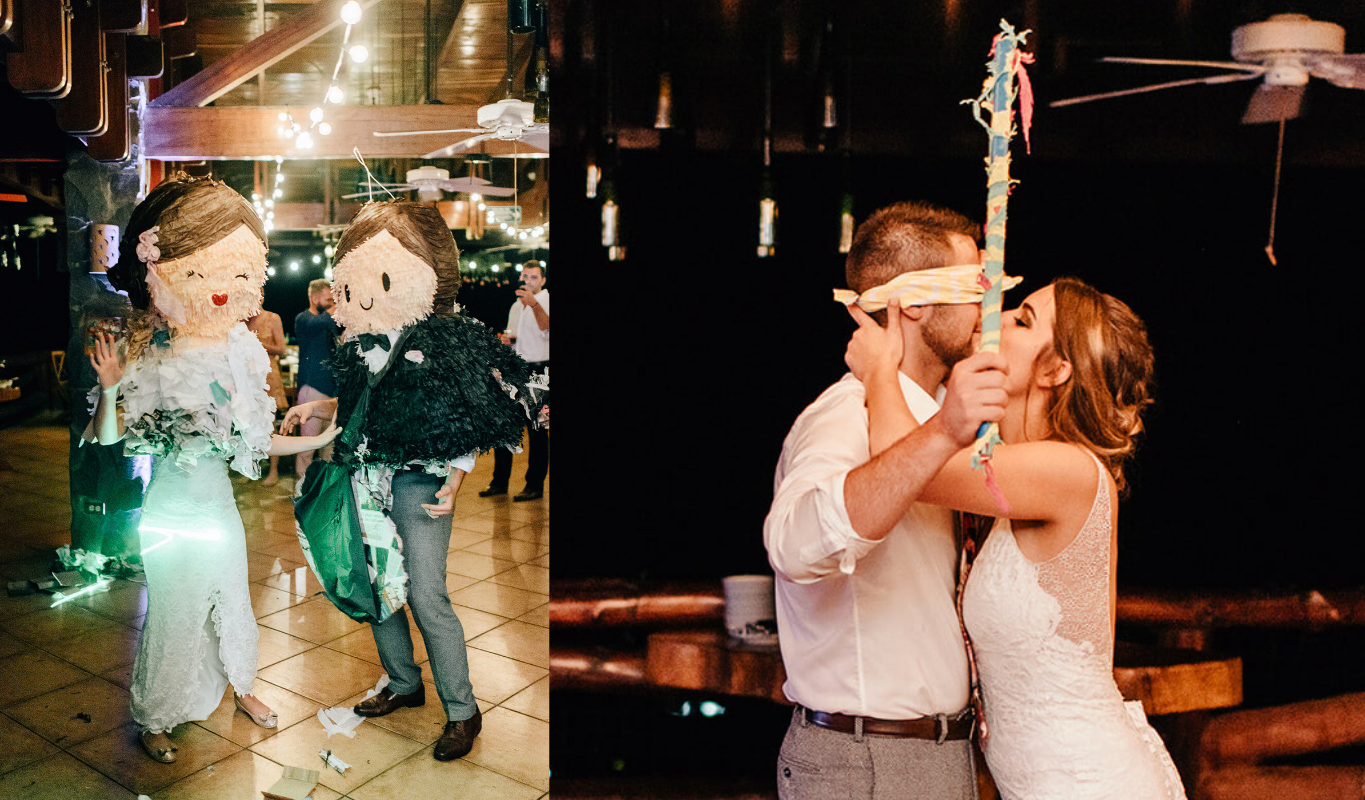 Couple kissing as they take turns hitting a colorful piñata at a wedding reception.