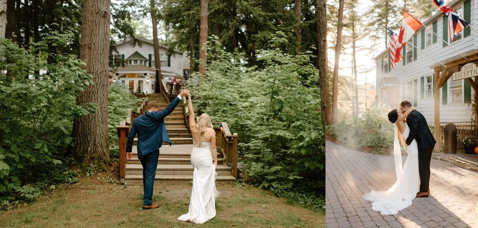 A bride and groom walk through the woods and share a kiss at the Sherwood Inn wedding venue in Muskoka, Ontario.