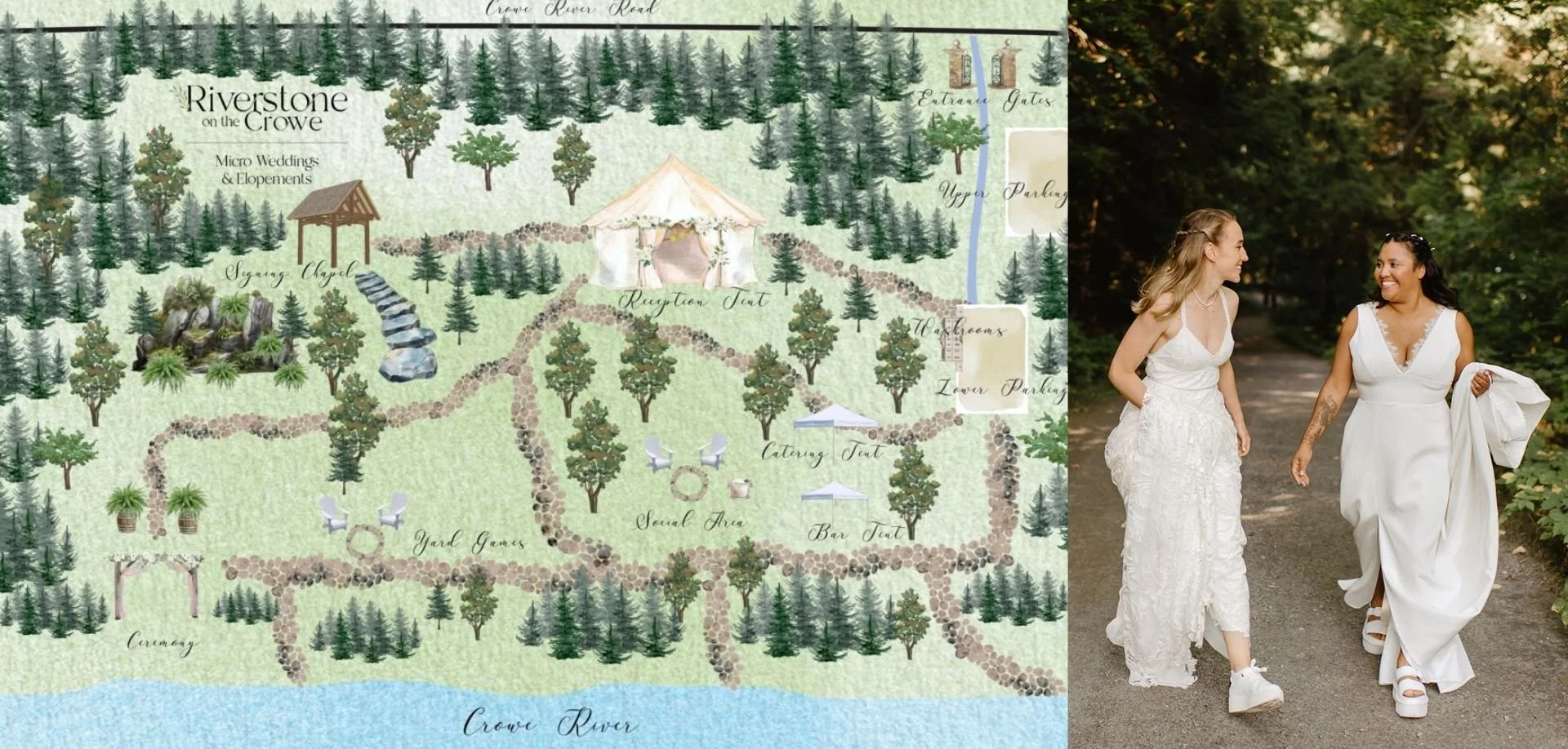 Two brides walk together through the forest at Riverstone on the Crowe, a riverside wedding venue in Campbellford, Ontario.