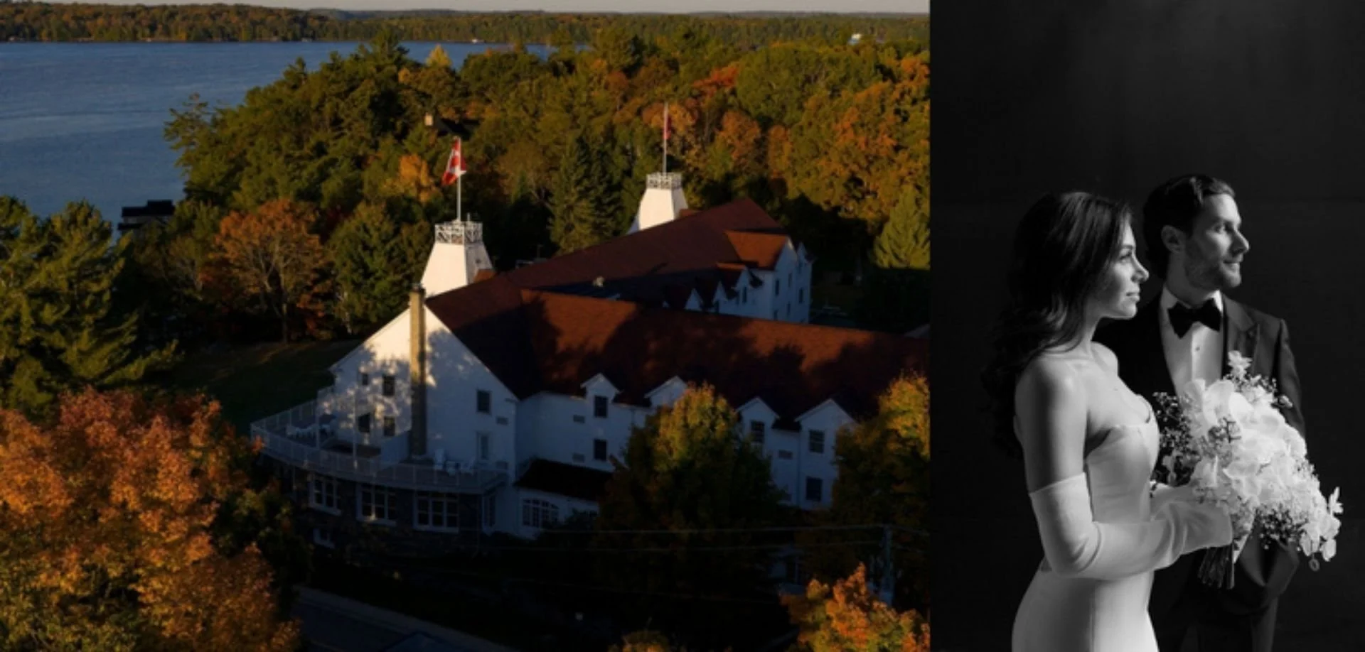 A bride and groom pose at the historic Windermere House wedding venue overlooking Lake Rosseau in Muskoka, Ontario.