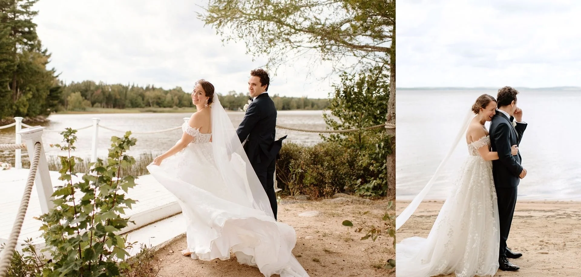 Bride and groom walking toward a lakefront ceremony setup at the Northridge Inn wedding venue in Sundridge, Ontario.
