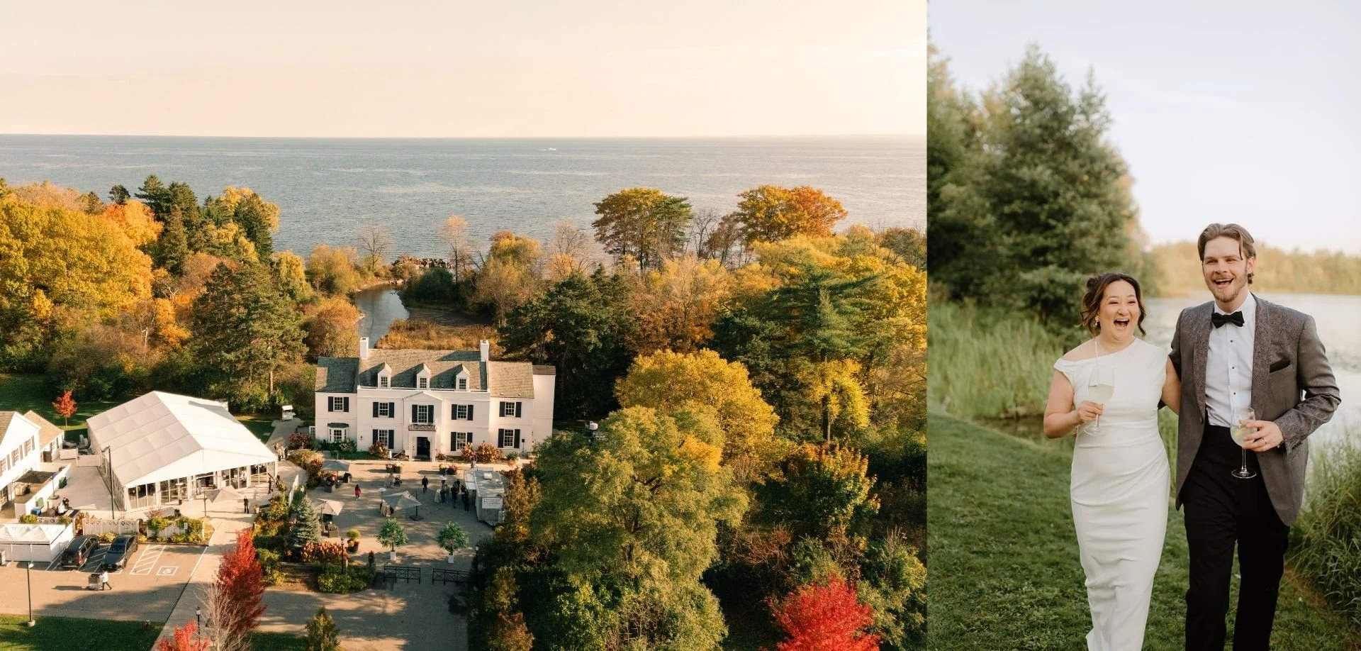 Aerial view of Harding Waterfront Estate wedding venue in Mississauga, Ontario by the lake