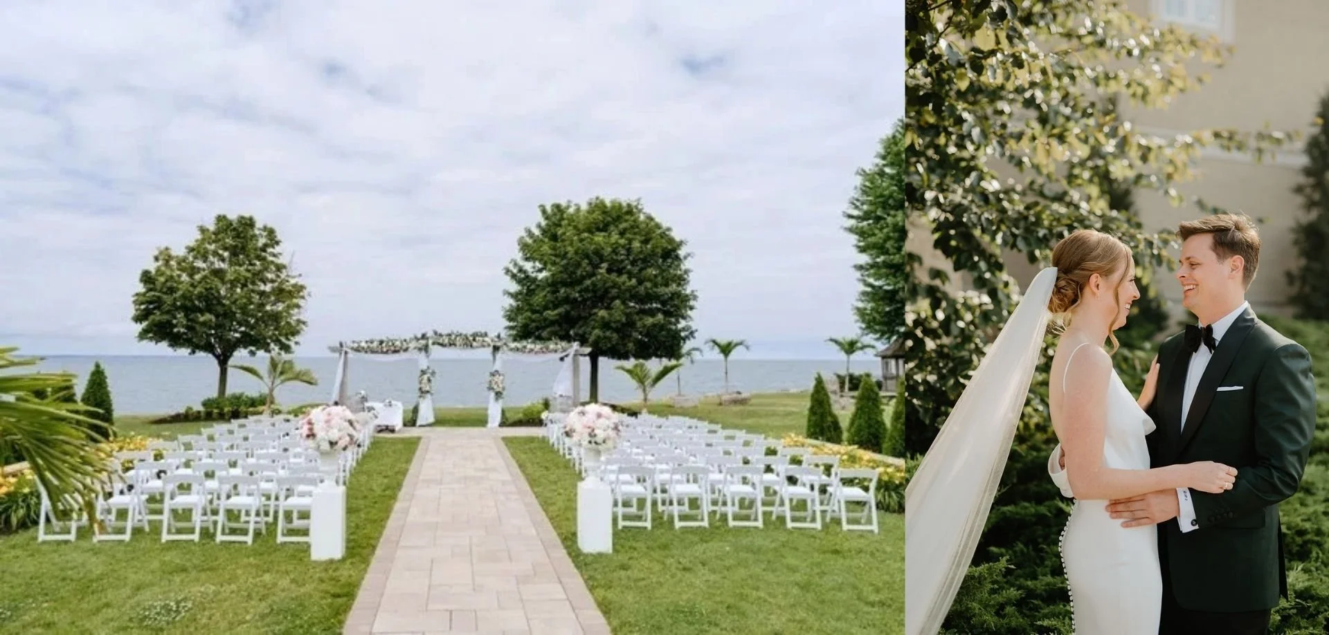 A bride and groom smile at an outdoor waterfront wedding ceremony at Edgewater Manor in Stoney Creek, Ontario.