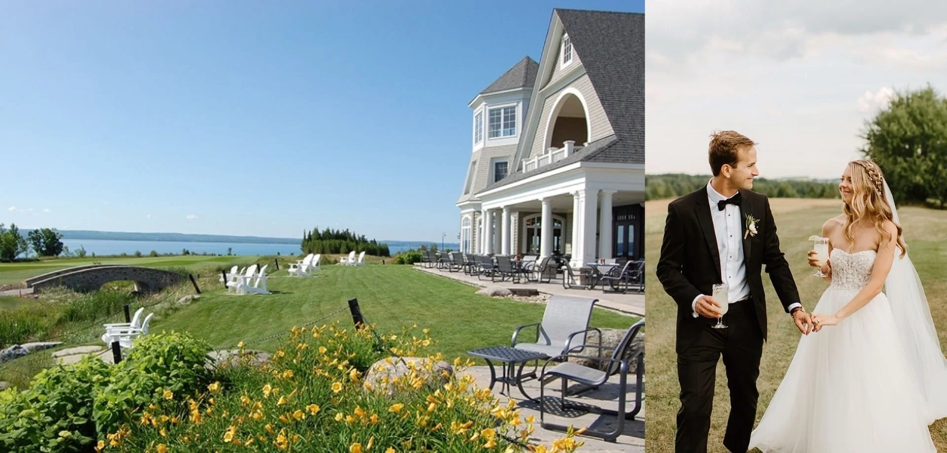 A bride and groom share a drink while walking outdoors at the Cobble Beach Resort wedding venue in Kemble, Ontario.