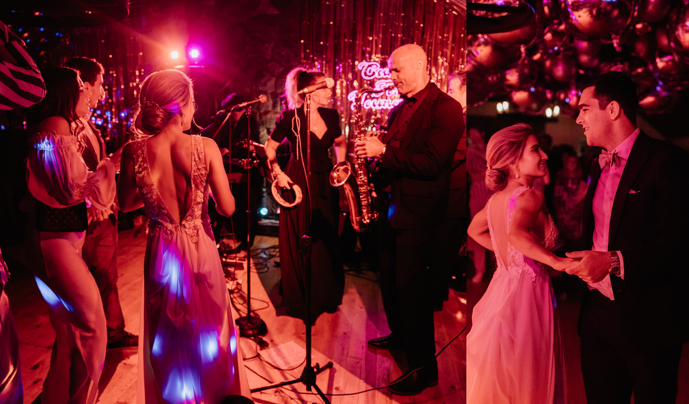 Wedding reception dance floor illuminated with red lighting for a bold atmosphere.