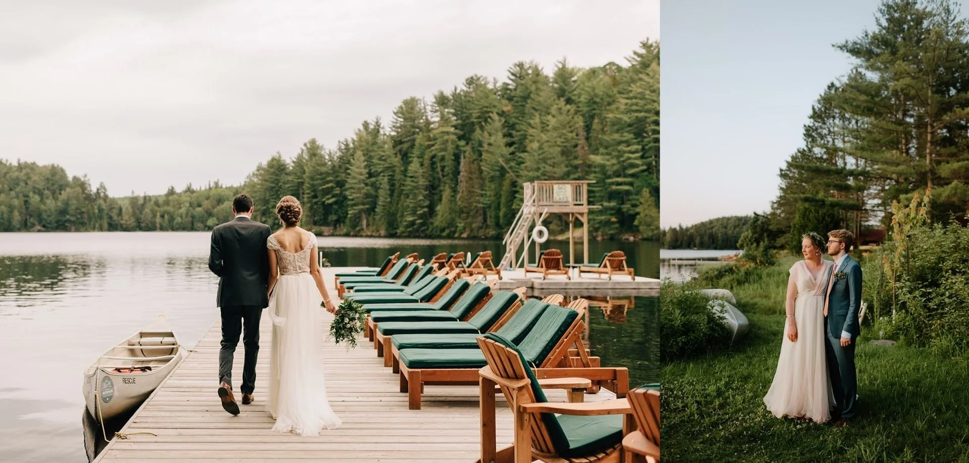 A bride and groom walk along a dock at the Arowhon Pines wedding venue in Algonquin Park, Ontario.