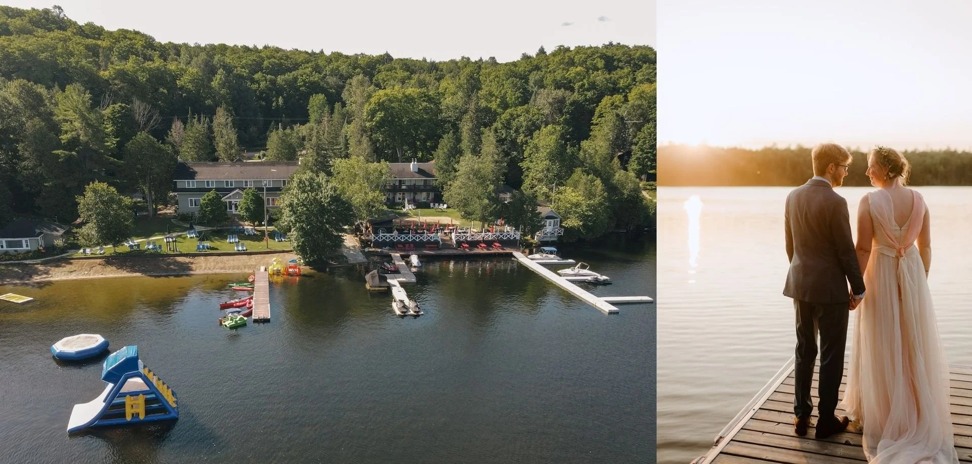 Bride and groom holding hands on a dock at sunset at the Bonnie View Inn wedding venue in Haliburton, Ontario.