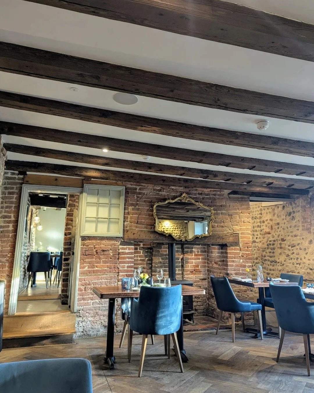 Restaurant style // The interior decor has been overseen by London-based designer, Kathryn Mazure-Hudson and features brass, herringbone wood, marble and velvet - all working beautifully with the original beams and Norfolk flint. 

Full renovations t