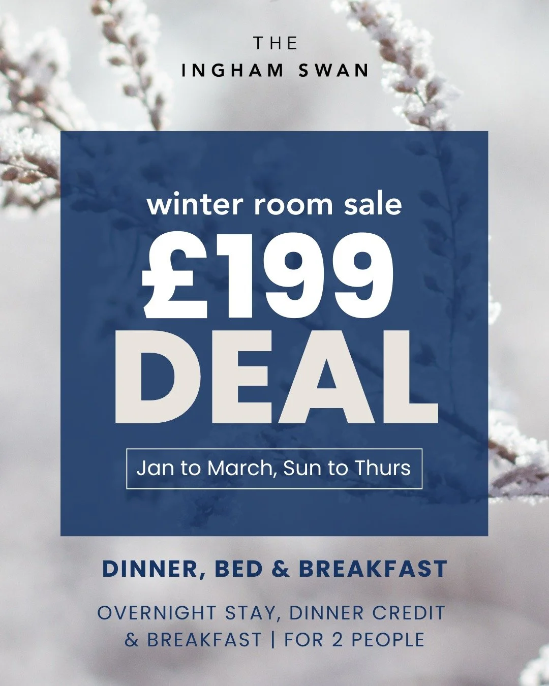 ❄️ Winter Room Sale Now On
Dinner, Bed &amp; Breakfast Winter Deal | for just &pound;199, you and a guest can indulge in a stylish food-led getaway this Winter that includes:

➡️ &pound;30pp Dinner Credit in our 3AA Rosette Michelin Recommended Resta