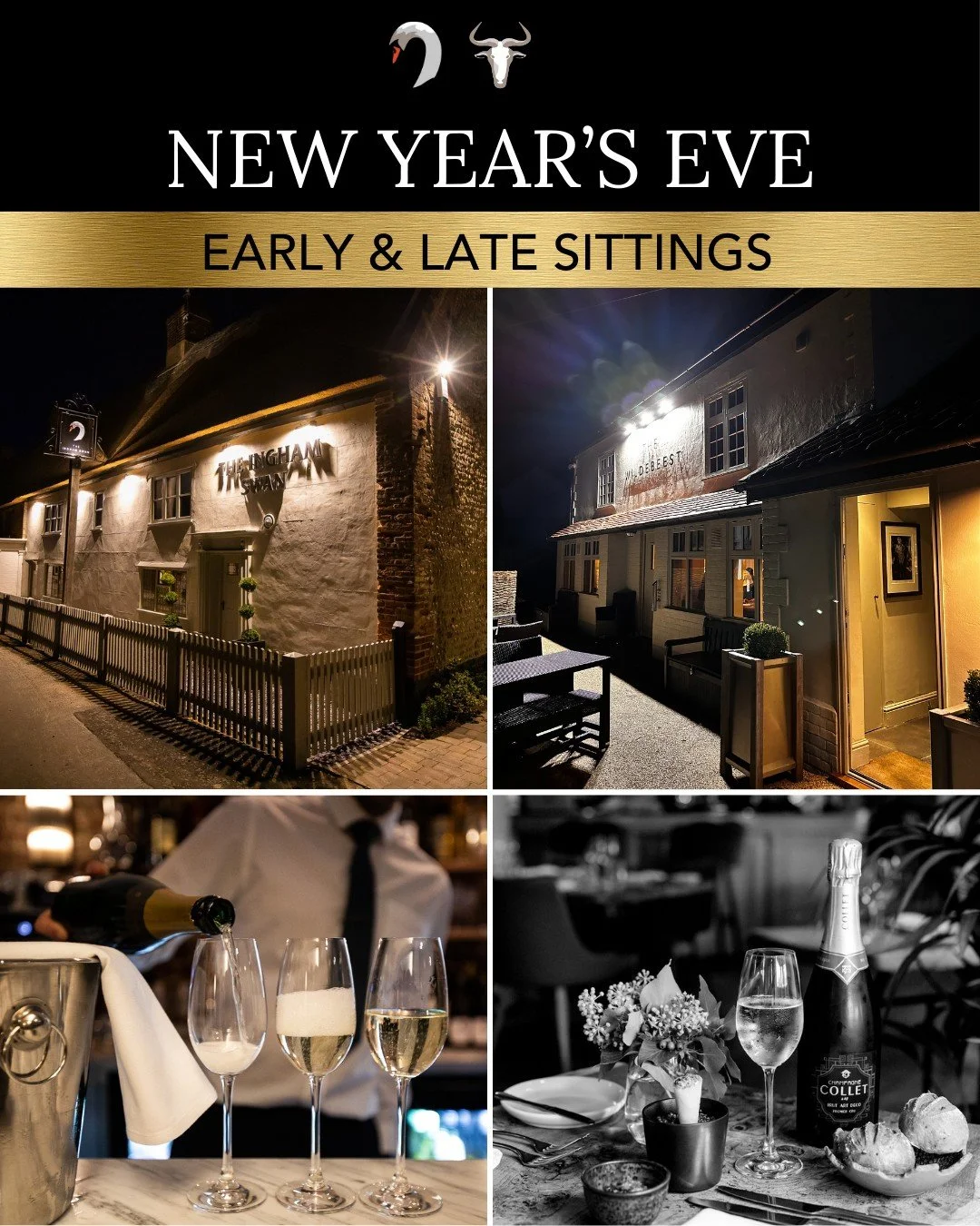 LAST CHANCE NYE - we only have two times now available. All other sittings are fully booked. Early sitting at 5.30pm or late sitting at 9pm. 

NYE Celebration Menu 🥂
 
&pound;90pp | 6 Courses
Choice of Starter, Mains &amp; Dessert
Complimentary soft