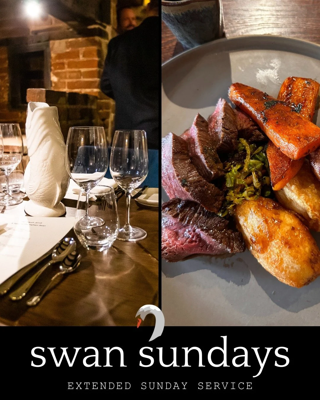 SWAN SUNDAYS

Due to the popularity of our Sunday Lunch, we have extended our service times. Now serving our Sunday Menu 12.30pm till 7.30pm last table booking.

Our Sunday Menu changes every week although you can expect to find our signature cuts of