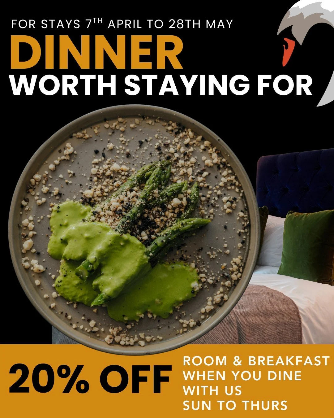 STAY FOR SUPPER - Spring Edition
Exceptional food deserves a relaxed night away and here&rsquo;s 20% OFF BED &amp; BREAKFAST.

Dine with us Sunday to Thursday, enjoy two courses or more in the restaurant, and receive 20% off your room and breakfast. 