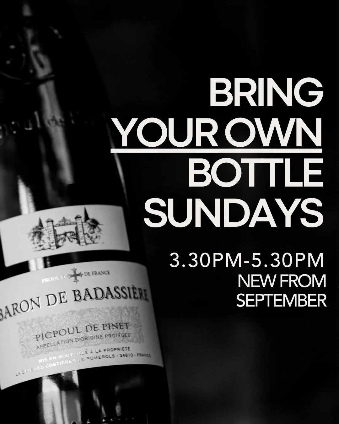 NEW - Bring Your Own Bottle Sundays (from September onwards)

Bring your own favourite bottle of wine between 3.30pm and 5.30pm and enjoy it alongside our Sunday menu.

Every Sunday, between 3.30pm and 5.30pm, you&rsquo;re invited to bring along a bo