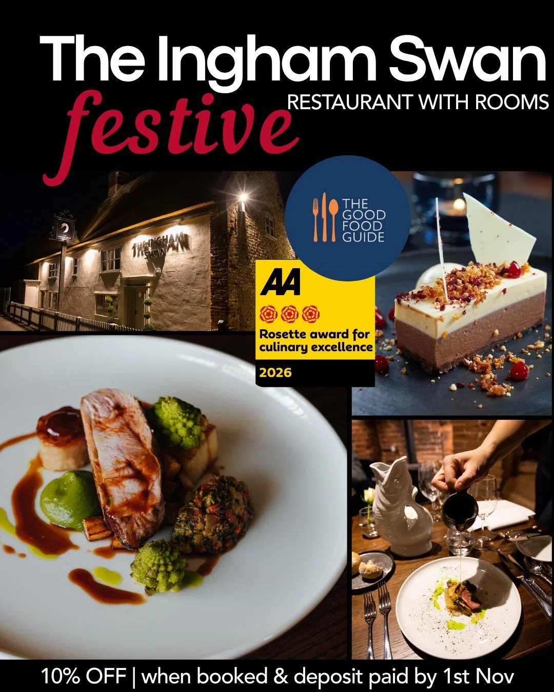 The festive season at The Ingham Swan, served in seven courses.

Our 7 Course Festive Taster Menu brings together a carefully considered selection of seasonal dishes, created for long lunches, festive dinners and get-togethers worth making time for.
