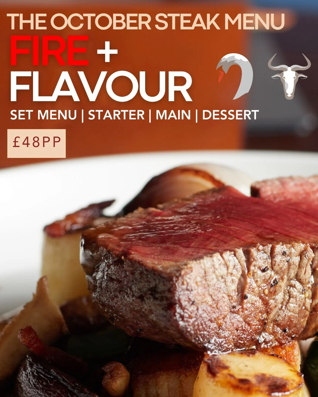 FIRE + FLAVOUR

The October Steak Menu at The Ingham Swan and @thewildebeestnorfolk

Our October special is all about bold autumn flavours centered around 28-Day Aged Marinated Beef Fillet, barbecued over hot coals and served with Truffle Koffmann Fr