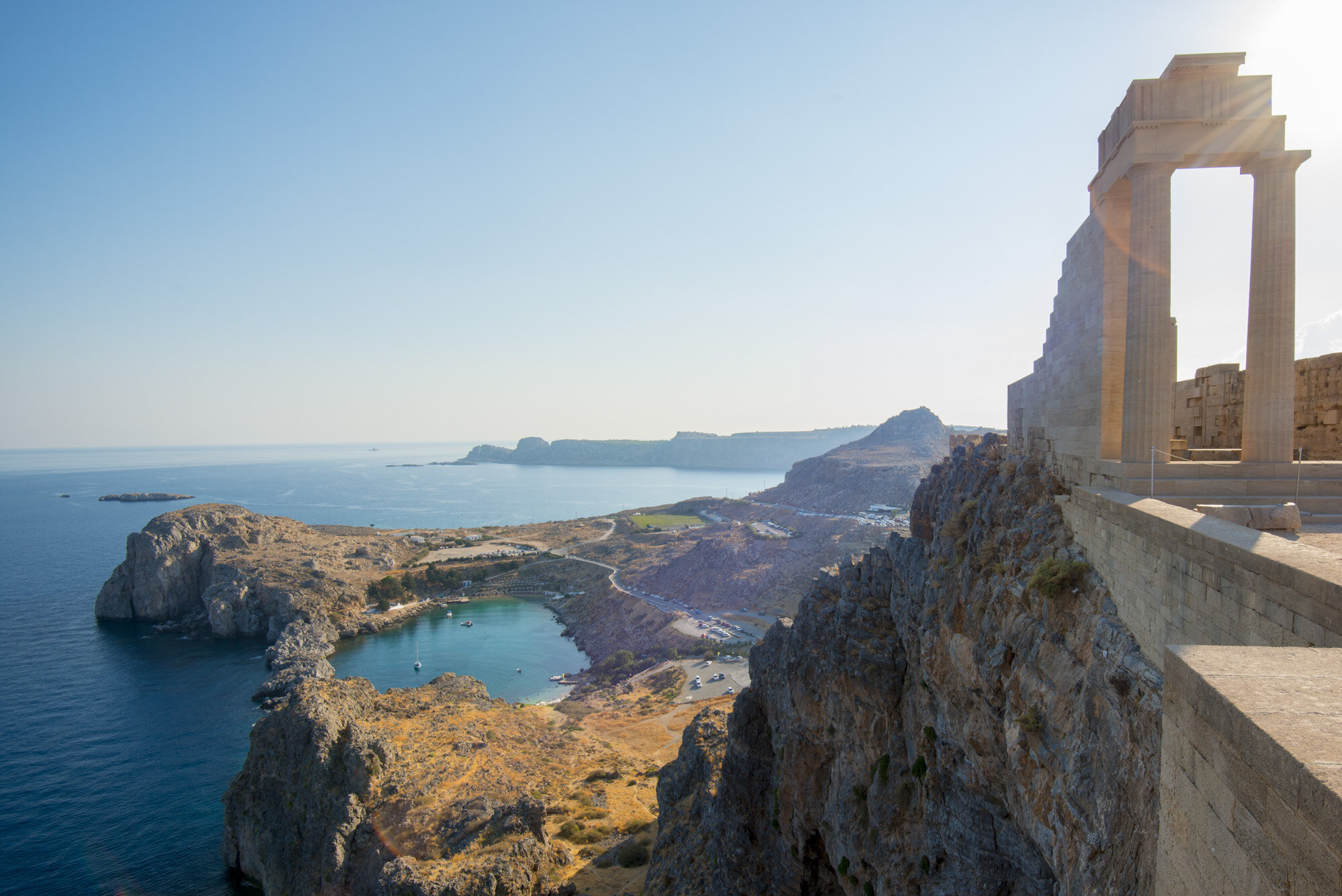  View over St Pauls Bay from the Acropolis of Lindos, Rhodes, Greece 