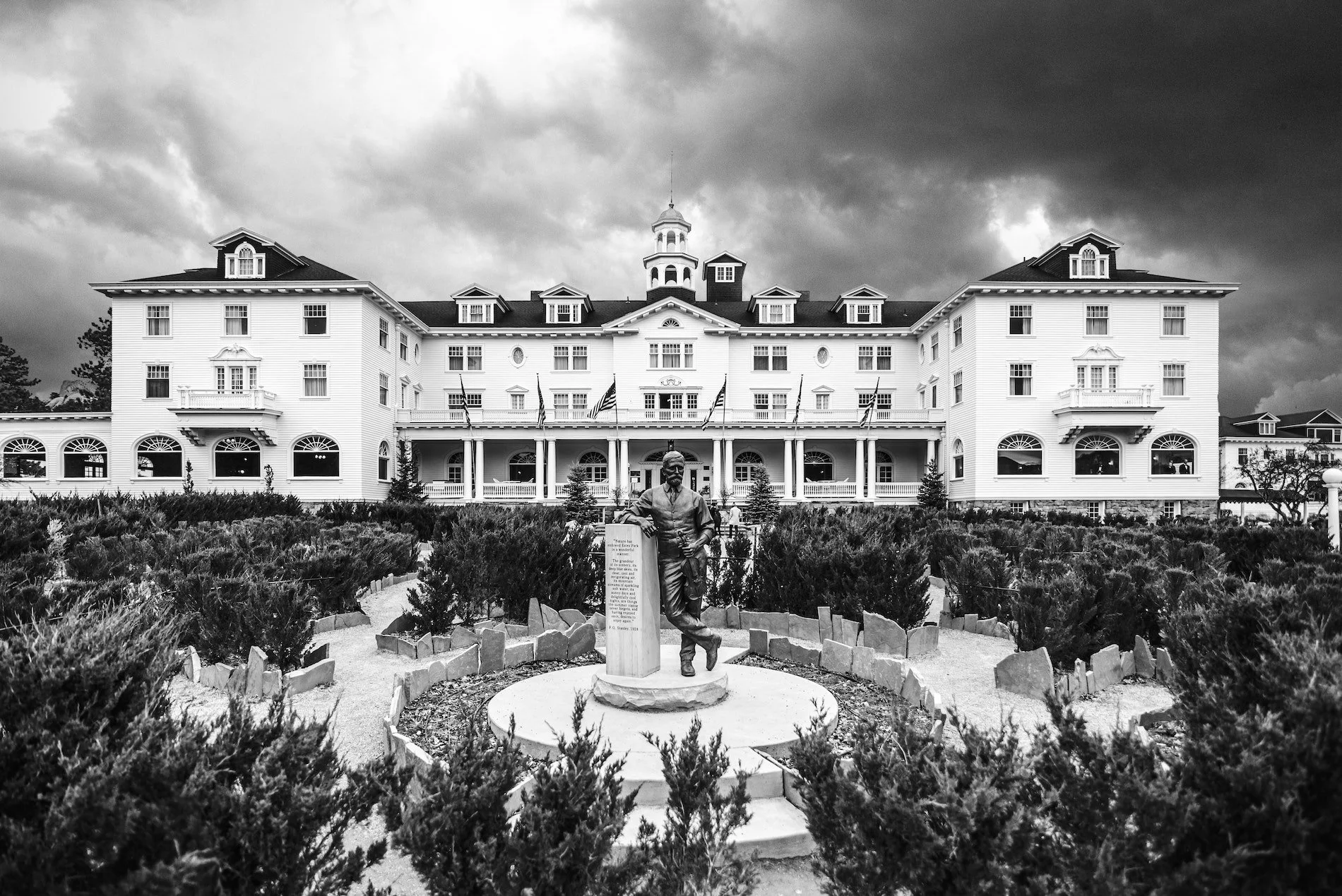 Black and white photo of the iconic Stanley Hotel