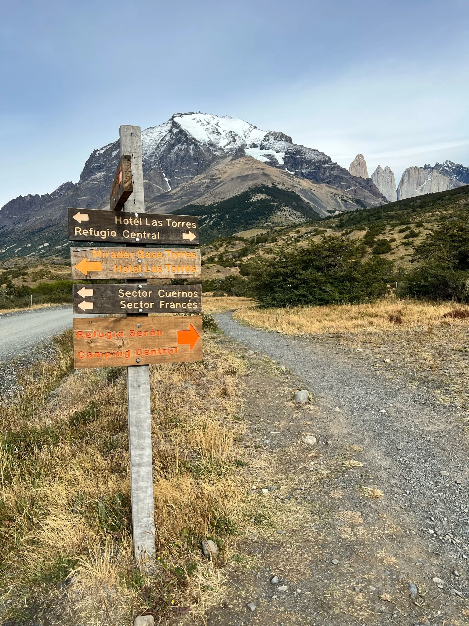 A photo of a directional post that points to different sites in Patagonia, including Hotel Las Torres, Sector Cuernos, and Refugio Central, to name a few.