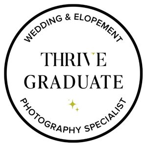 A white circle badge that reads "THRIVE Graduate" in the middle and "The business of unconventional weddings & elopements" on the top and bottom.